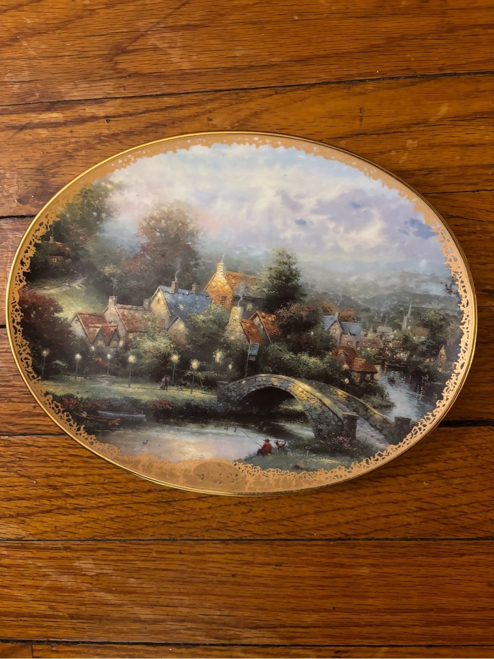 Thomas Kinkade Cottage Bridge Plate - Blue, Green, Brown, Gold